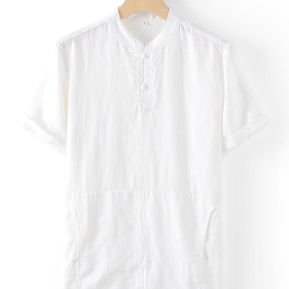 Buttoned Round Neck Short Sleeve Linen Tee - Picture 6 of 10